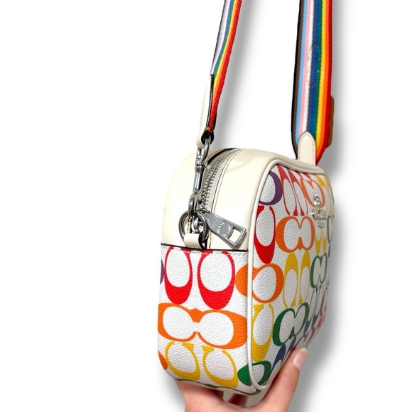 NWOT Coach Jamie Leather Camera Bag Rainbow Signature Canvas Silver/Chalk Multi - Picture 7 of 15